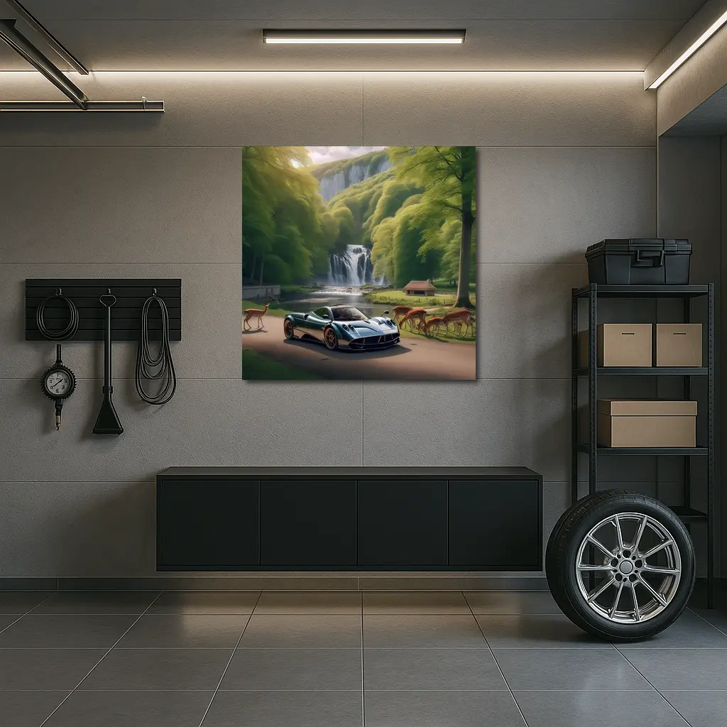Pagani Huayra Supercar Near Waterfall Deer – Wall Art