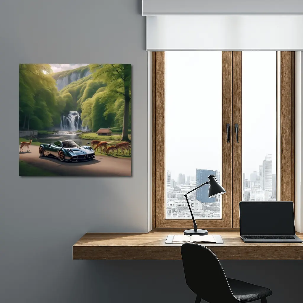 Pagani Huayra Supercar Near Waterfall Deer – Wall Art