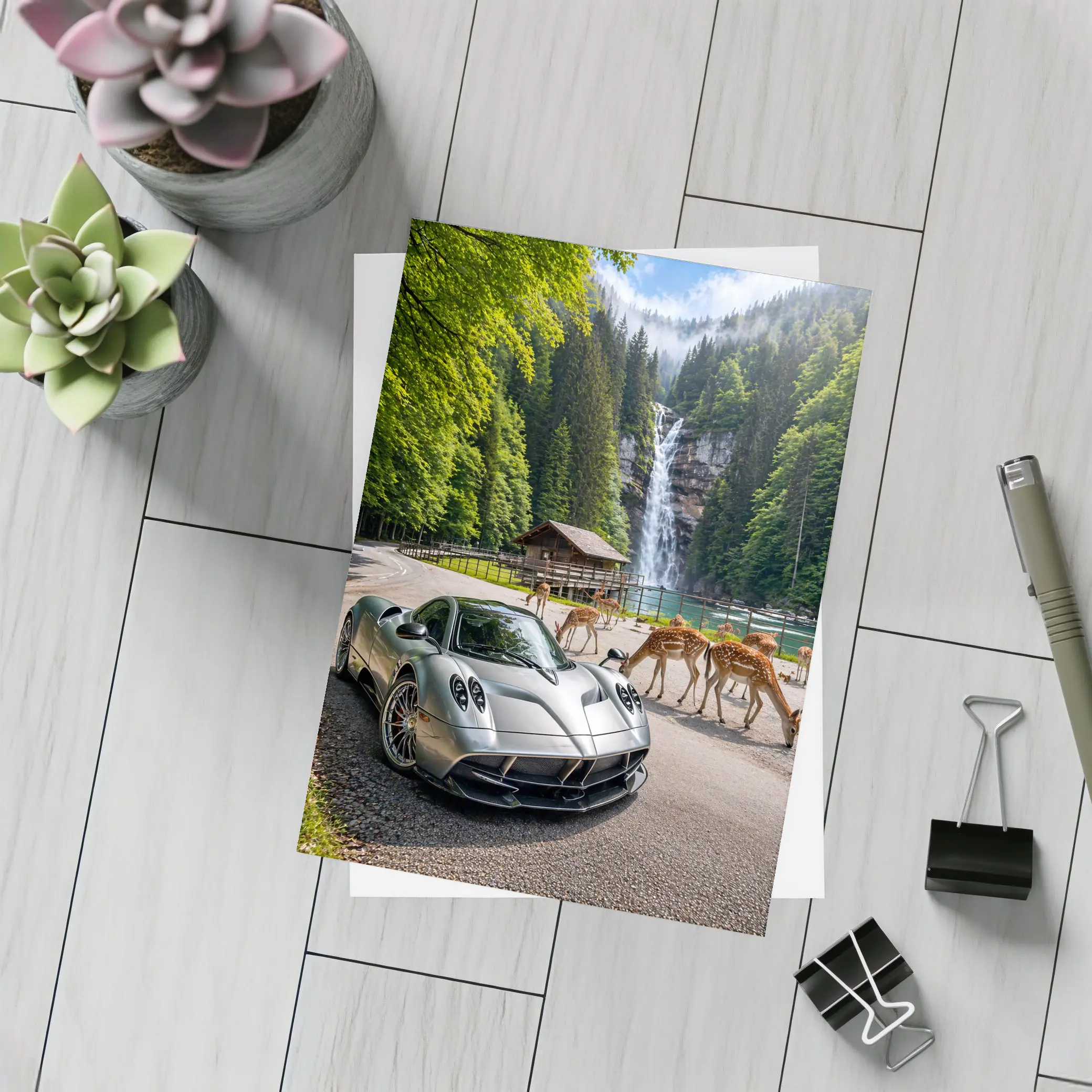 Pagani Huayra Silver Supercar Waterfall Forest – Postcards