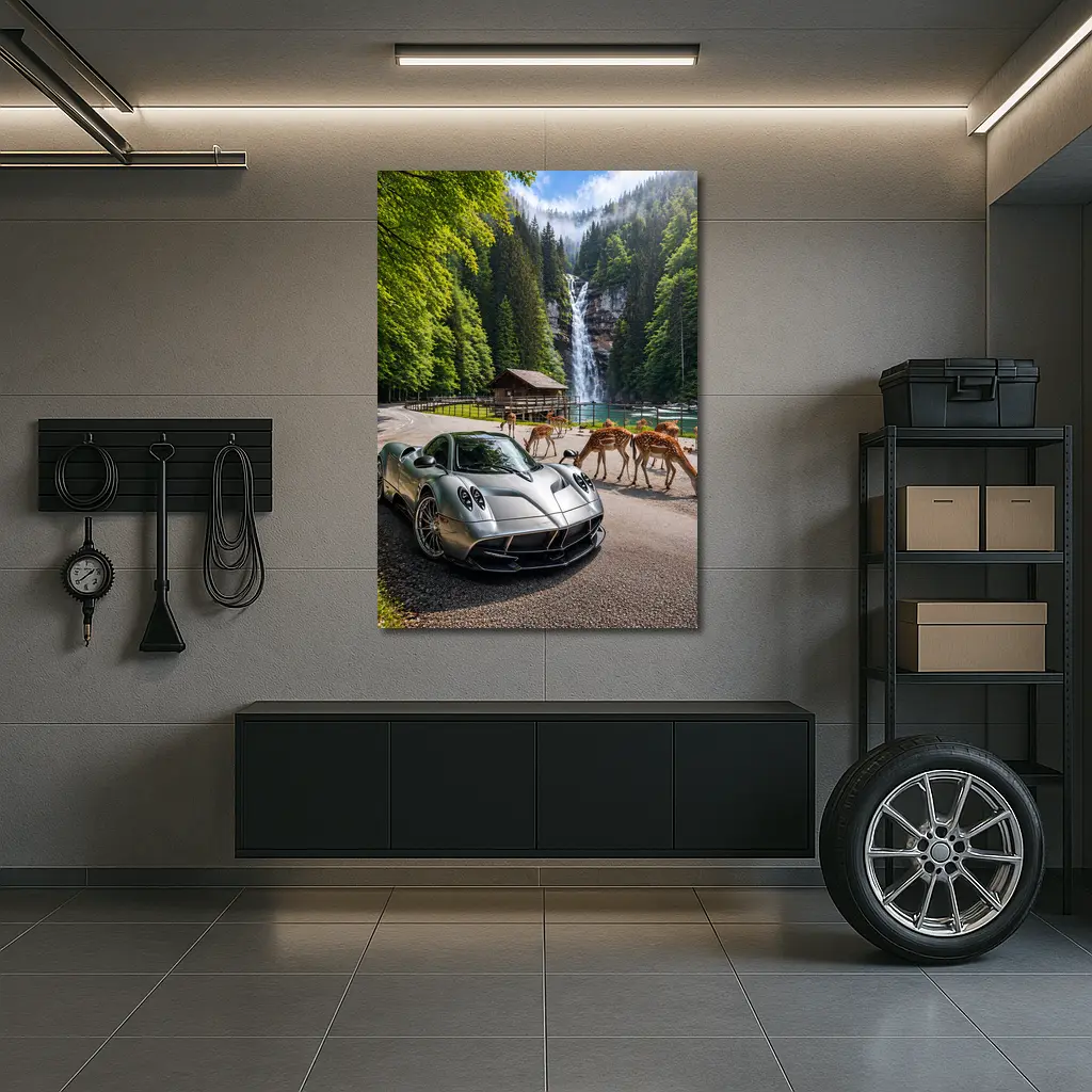 Pagani Huayra Silver Supercar Waterfall Forest – Wall Art