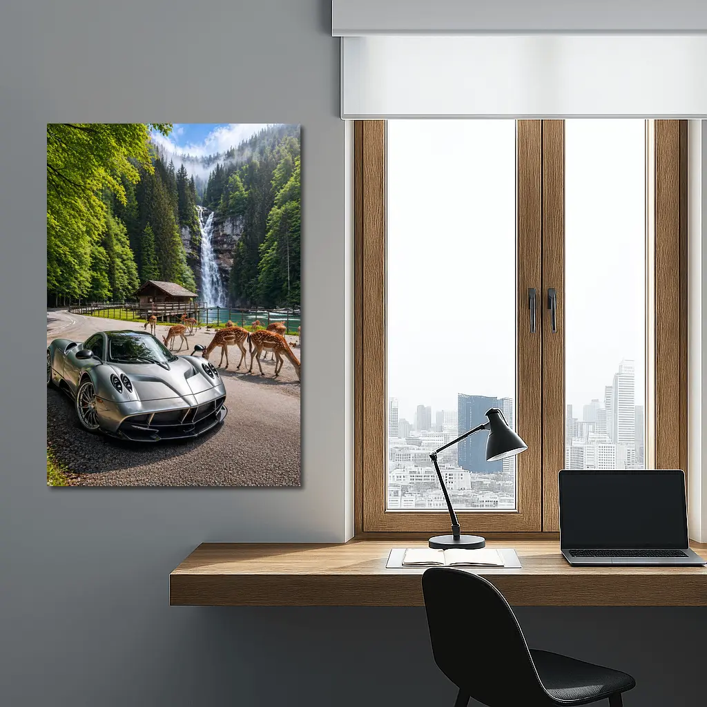 Pagani Huayra Silver Supercar Waterfall Forest – Wall Art