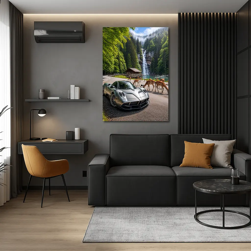 Pagani Huayra Silver Supercar Waterfall Forest – Wall Art