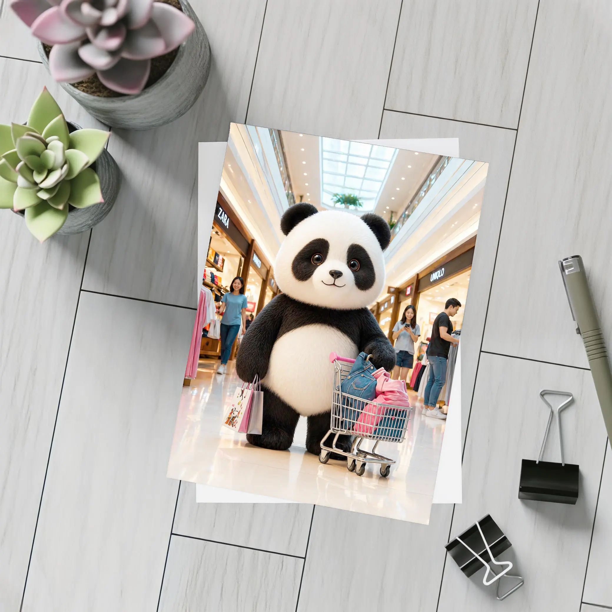 Cute Panda Shopping Cart Mall Adventure – Postcards