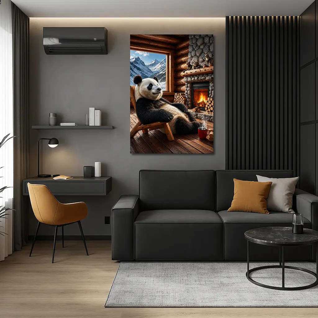 Panda Relaxing By Cozy Mountain Cabin Fireplace – Wall Art