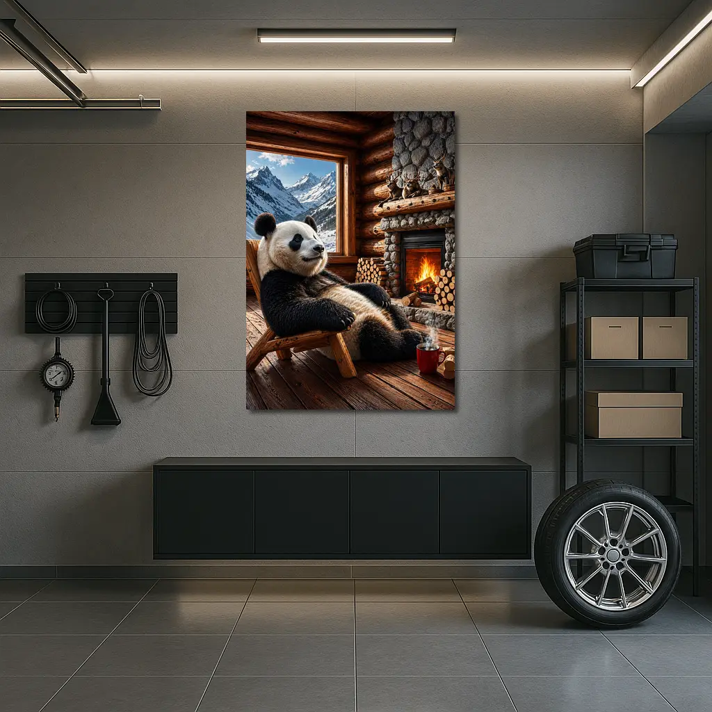 Panda Relaxing By Cozy Mountain Cabin Fireplace – Wall Art