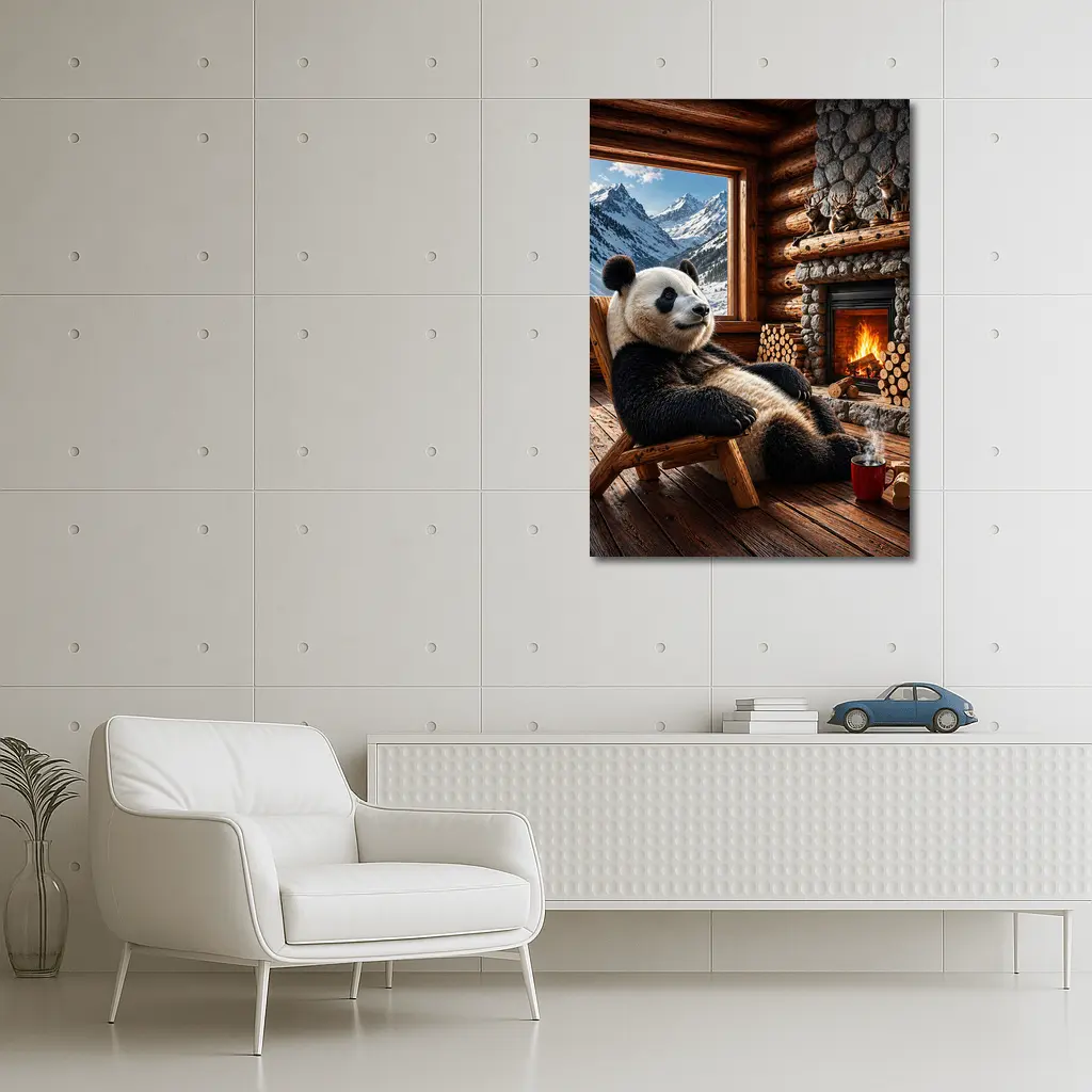 Panda Relaxing By Cozy Mountain Cabin Fireplace – Wall Art