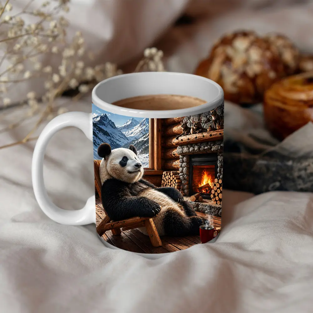 Panda Relaxing By Cozy Mountain Cabin Fireplace – Mugs