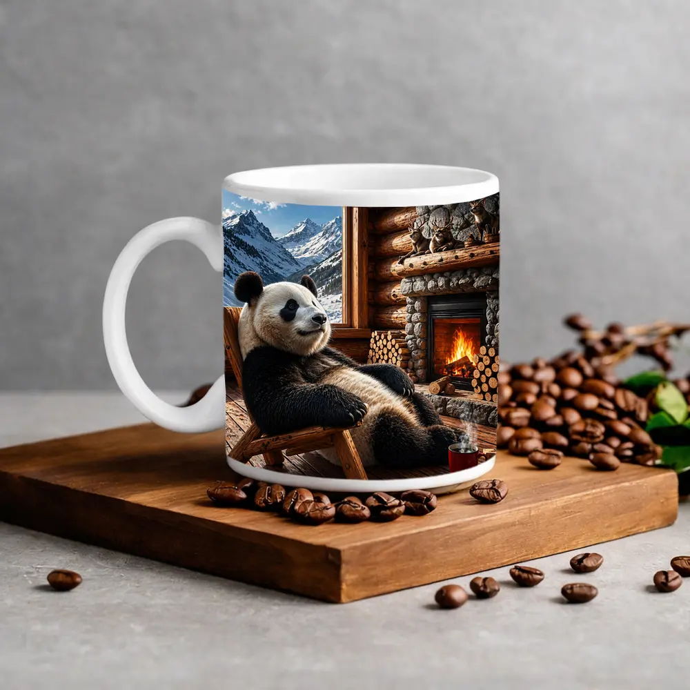 Panda Relaxing By Cozy Mountain Cabin Fireplace – Mugs