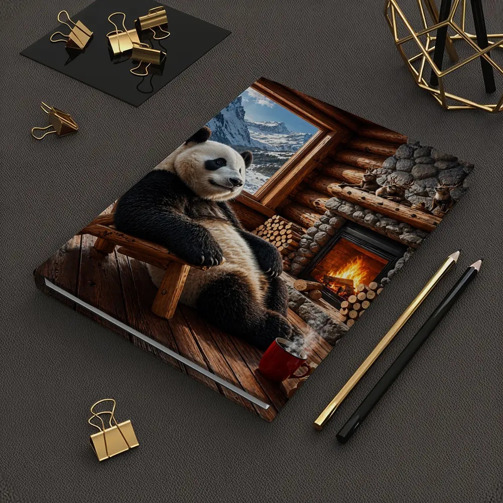 Panda Relaxing By Cozy Mountain Cabin Fireplace – Notebooks