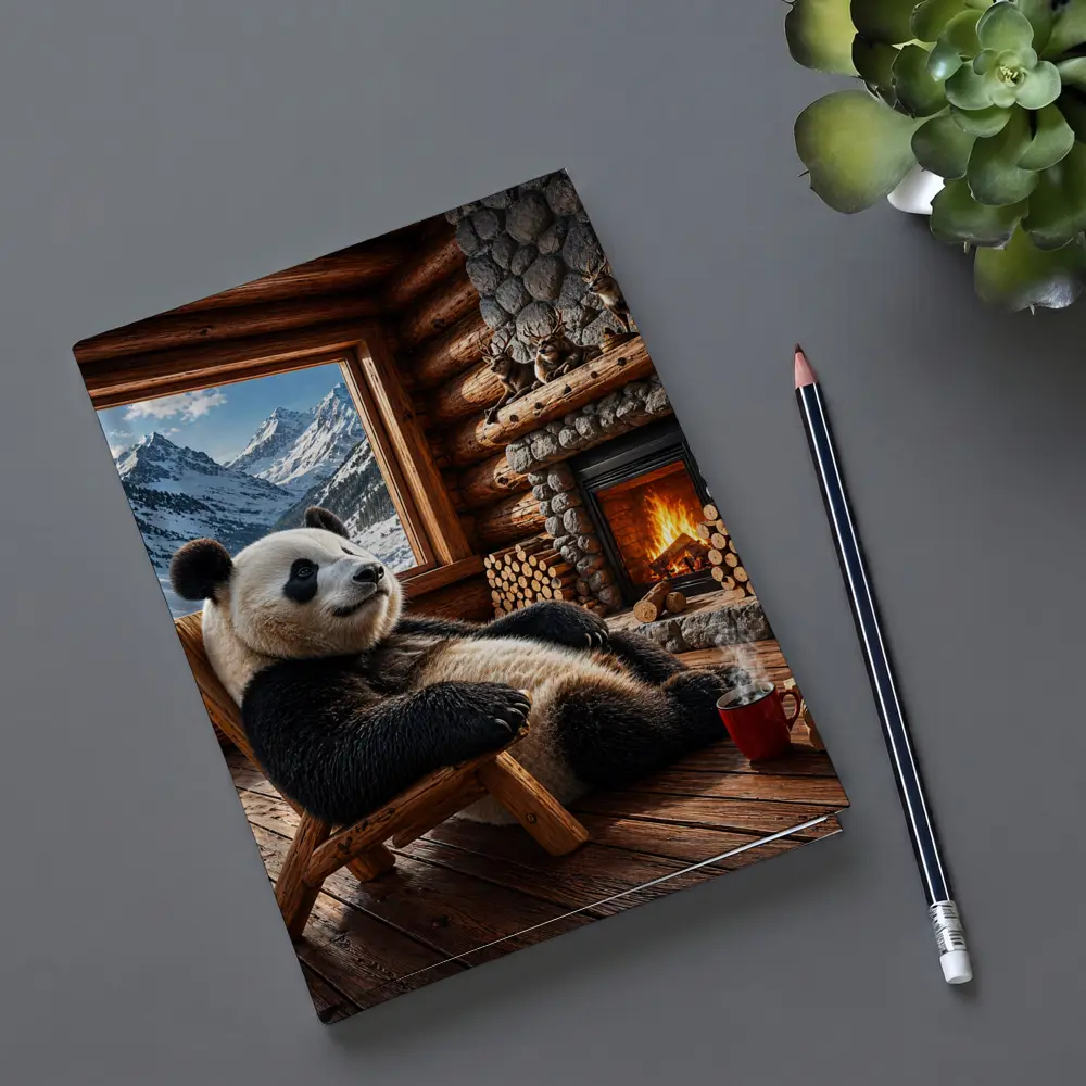 Panda Relaxing By Cozy Mountain Cabin Fireplace – Notebooks
