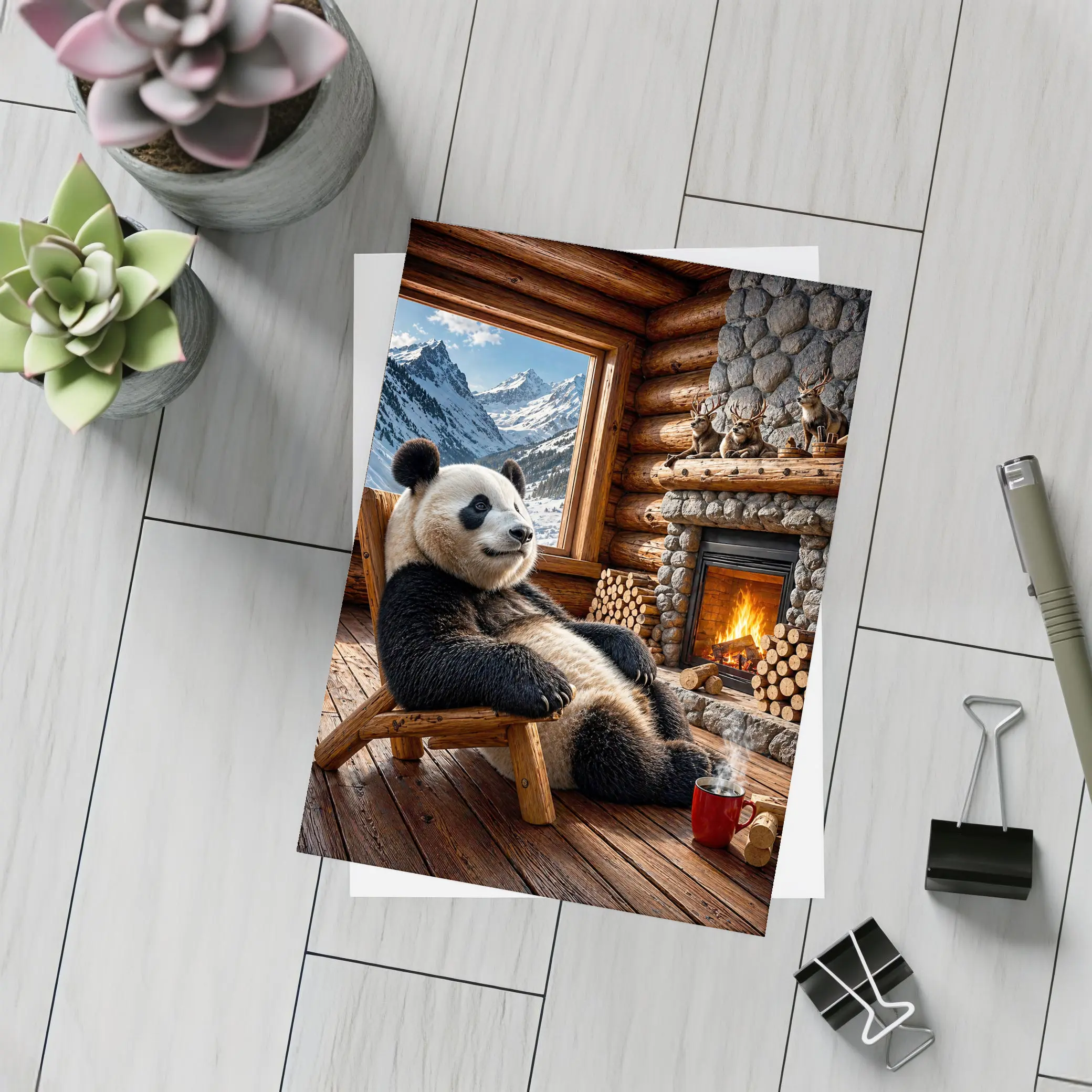 Panda Relaxing By Cozy Mountain Cabin Fireplace – Postcards