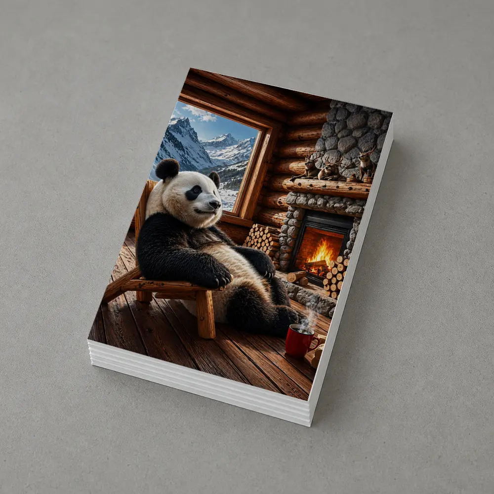 Panda Relaxing By Cozy Mountain Cabin Fireplace – Postcards