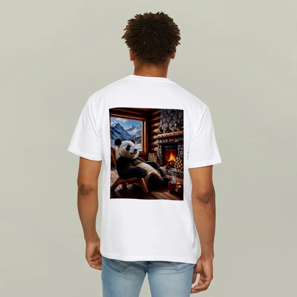 Panda Relaxing By Cozy Mountain Cabin Fireplace – T-Shirts