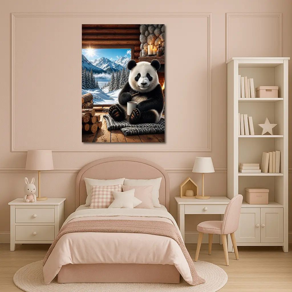 Cozy Panda by Fireplace Snowy Mountains – Wall Art