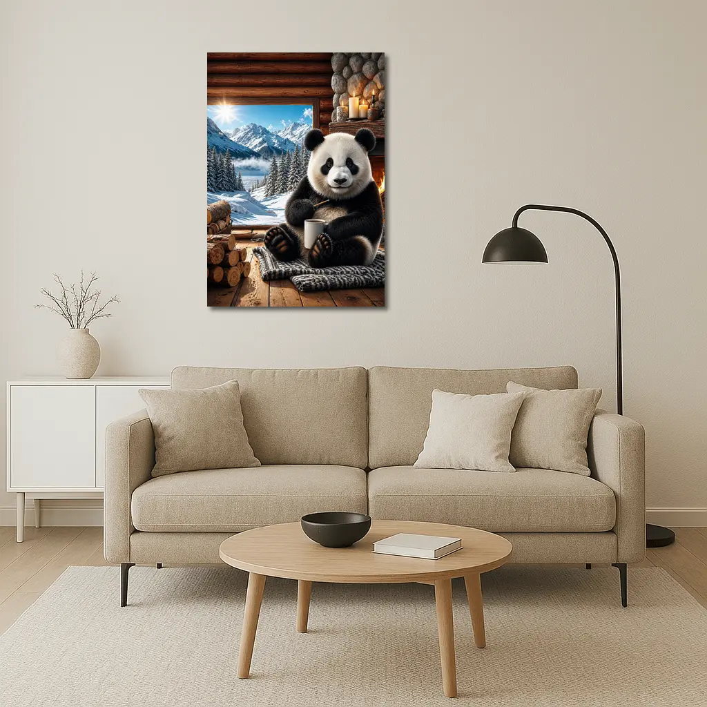Cozy Panda by Fireplace Snowy Mountains – Wall Art