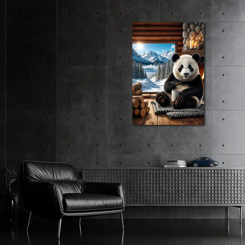 Cozy Panda by Fireplace Snowy Mountains – Wall Art