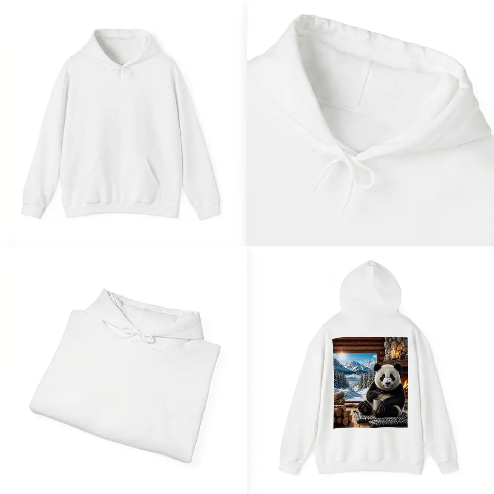 Cozy Panda by Fireplace Snowy Mountains – Hoodies