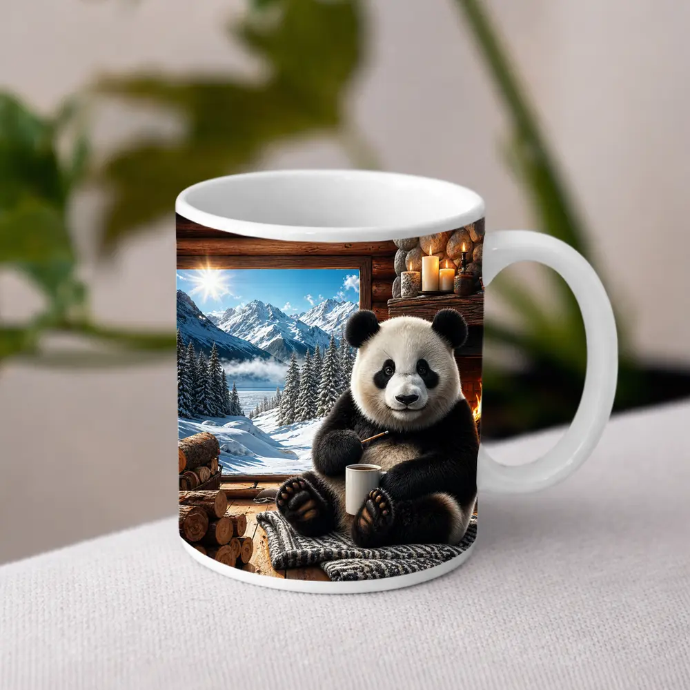 Cozy Panda by Fireplace Snowy Mountains – Mugs