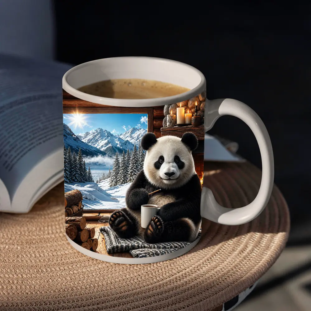 Cozy Panda by Fireplace Snowy Mountains – Mugs