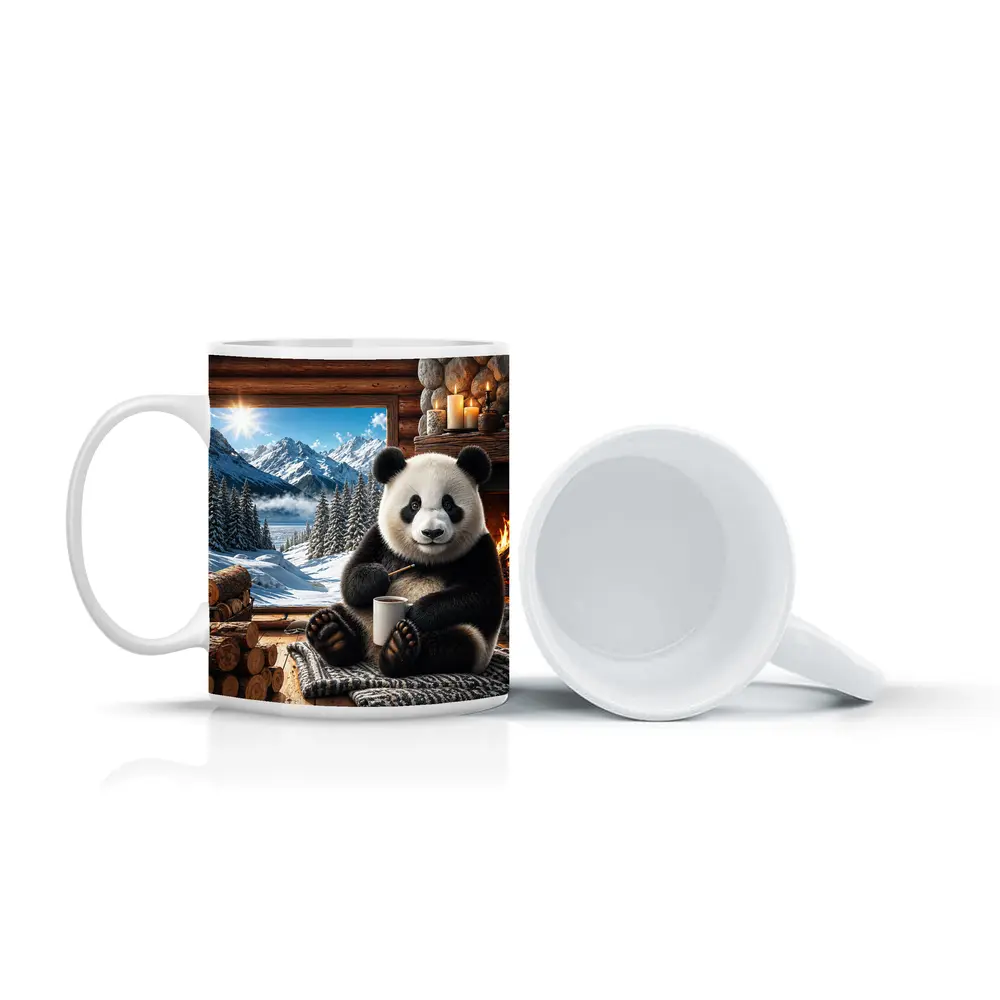 Cozy Panda by Fireplace Snowy Mountains – Mugs