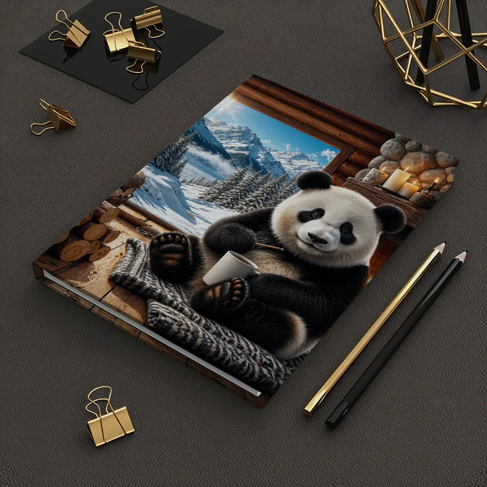 Cozy Panda by Fireplace Snowy Mountains – Notebooks