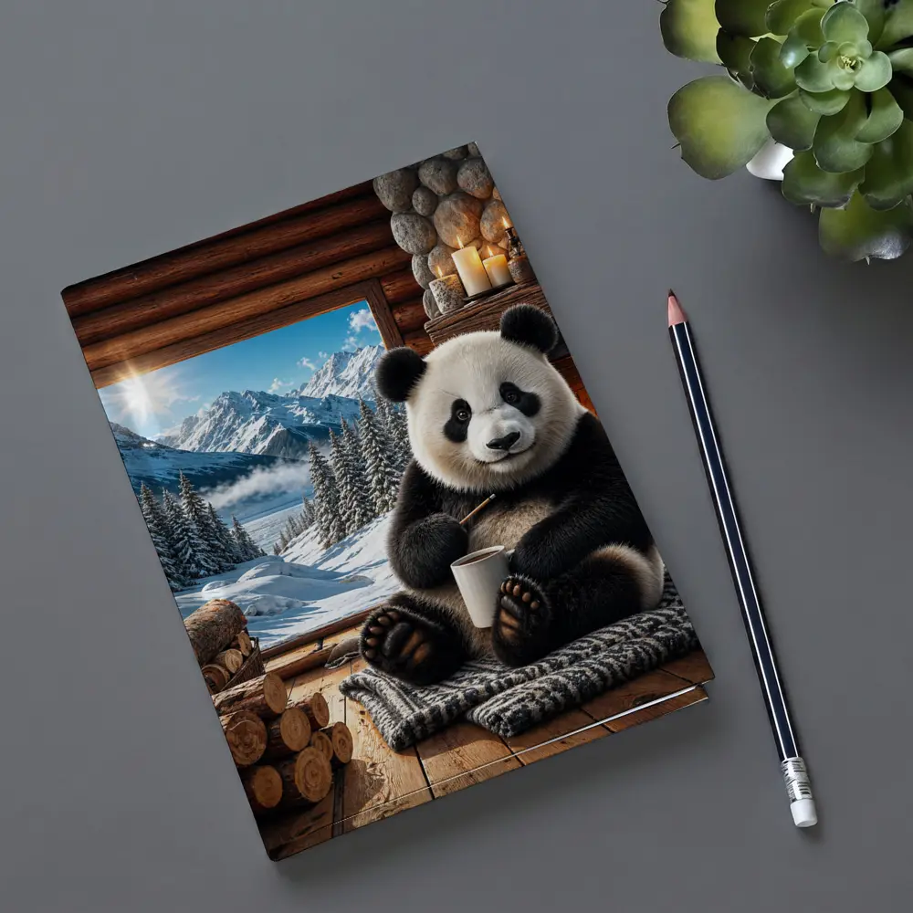Cozy Panda by Fireplace Snowy Mountains – Notebooks