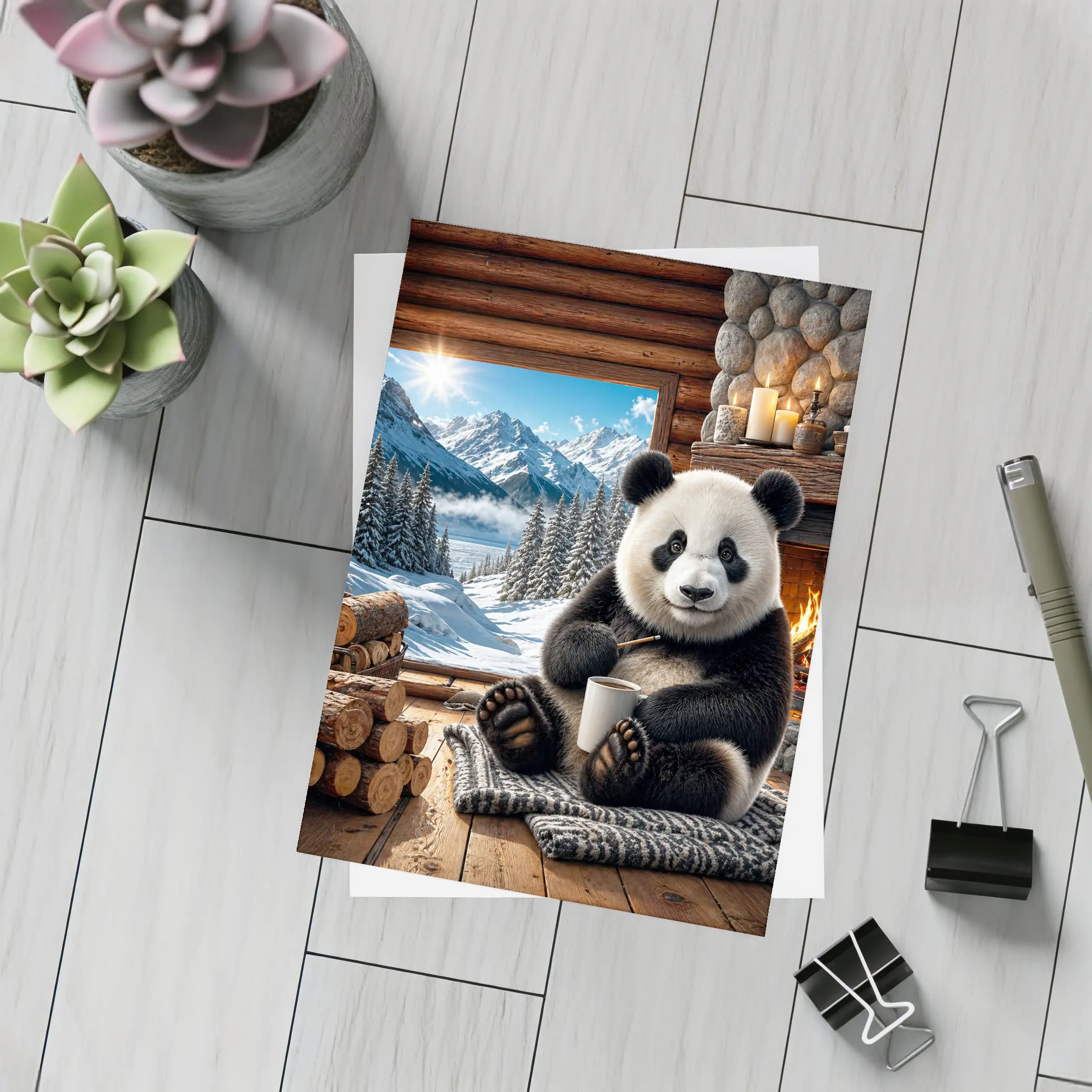 Cozy Panda by Fireplace Snowy Mountains – Postcards