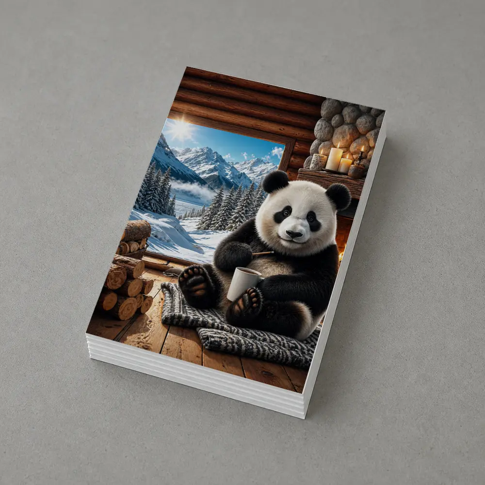 Cozy Panda by Fireplace Snowy Mountains – Postcards