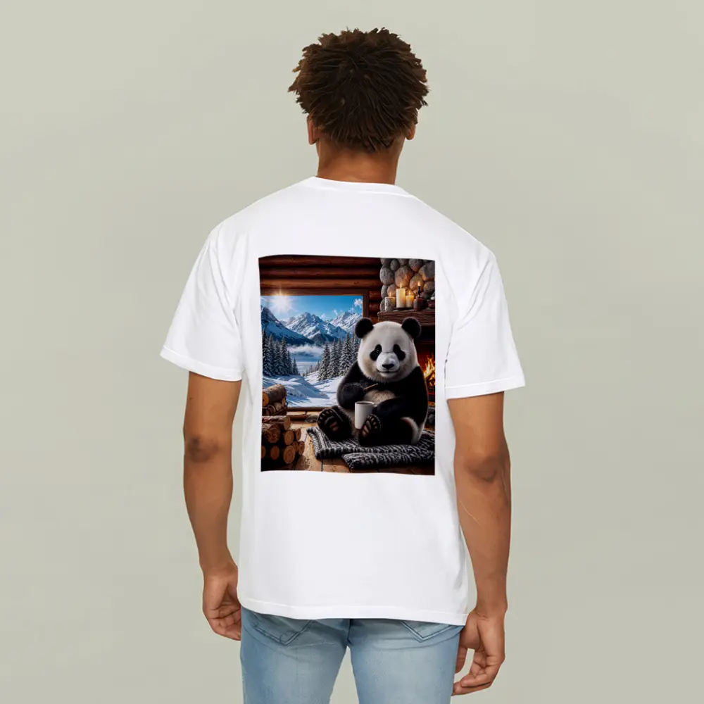 Cozy Panda by Fireplace Snowy Mountains – T-Shirts