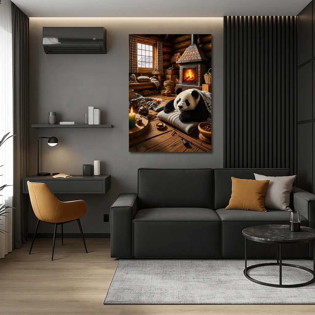 Panda Resting By Cozy Cabin Fireplace – Wall Art