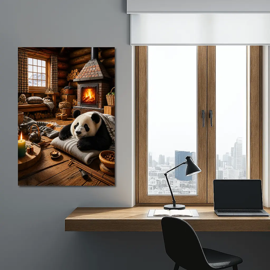 Panda Resting By Cozy Cabin Fireplace – Wall Art