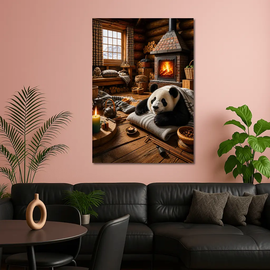 Panda Resting By Cozy Cabin Fireplace – Wall Art