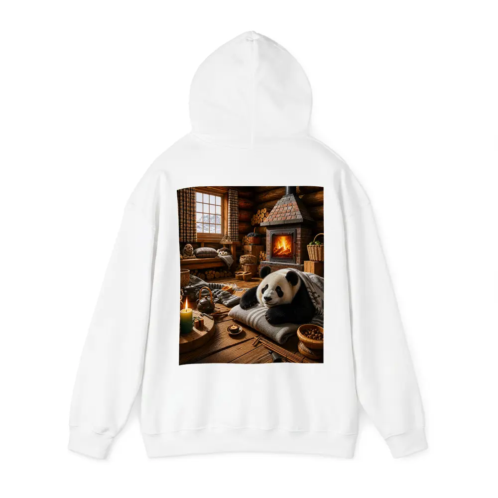 Panda Resting By Cozy Cabin Fireplace – Hoodies