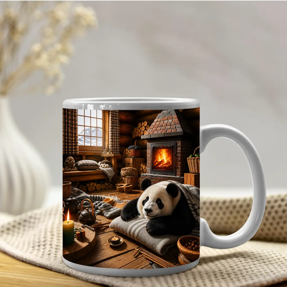 Panda Resting By Cozy Cabin Fireplace – Mugs