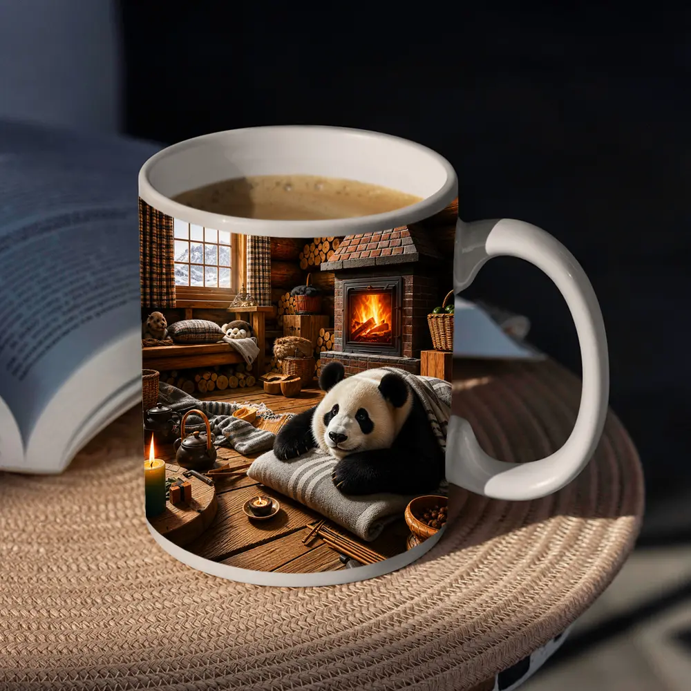 Panda Resting By Cozy Cabin Fireplace – Mugs