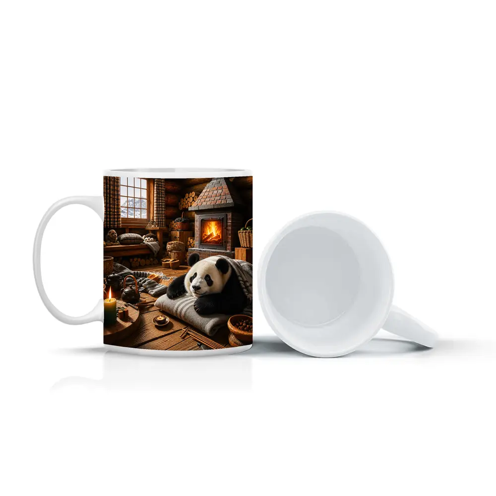 Panda Resting By Cozy Cabin Fireplace – Mugs