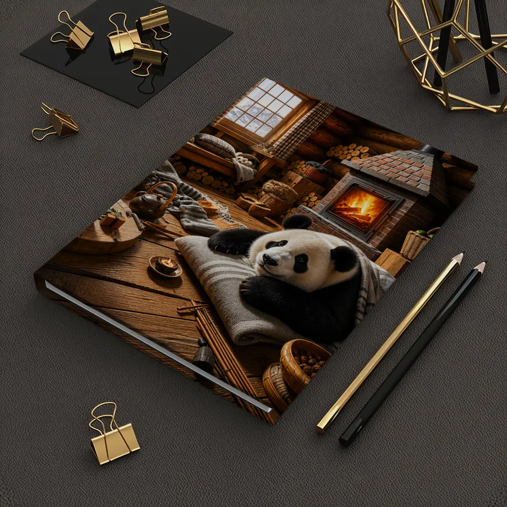 Panda Resting By Cozy Cabin Fireplace – Notebooks