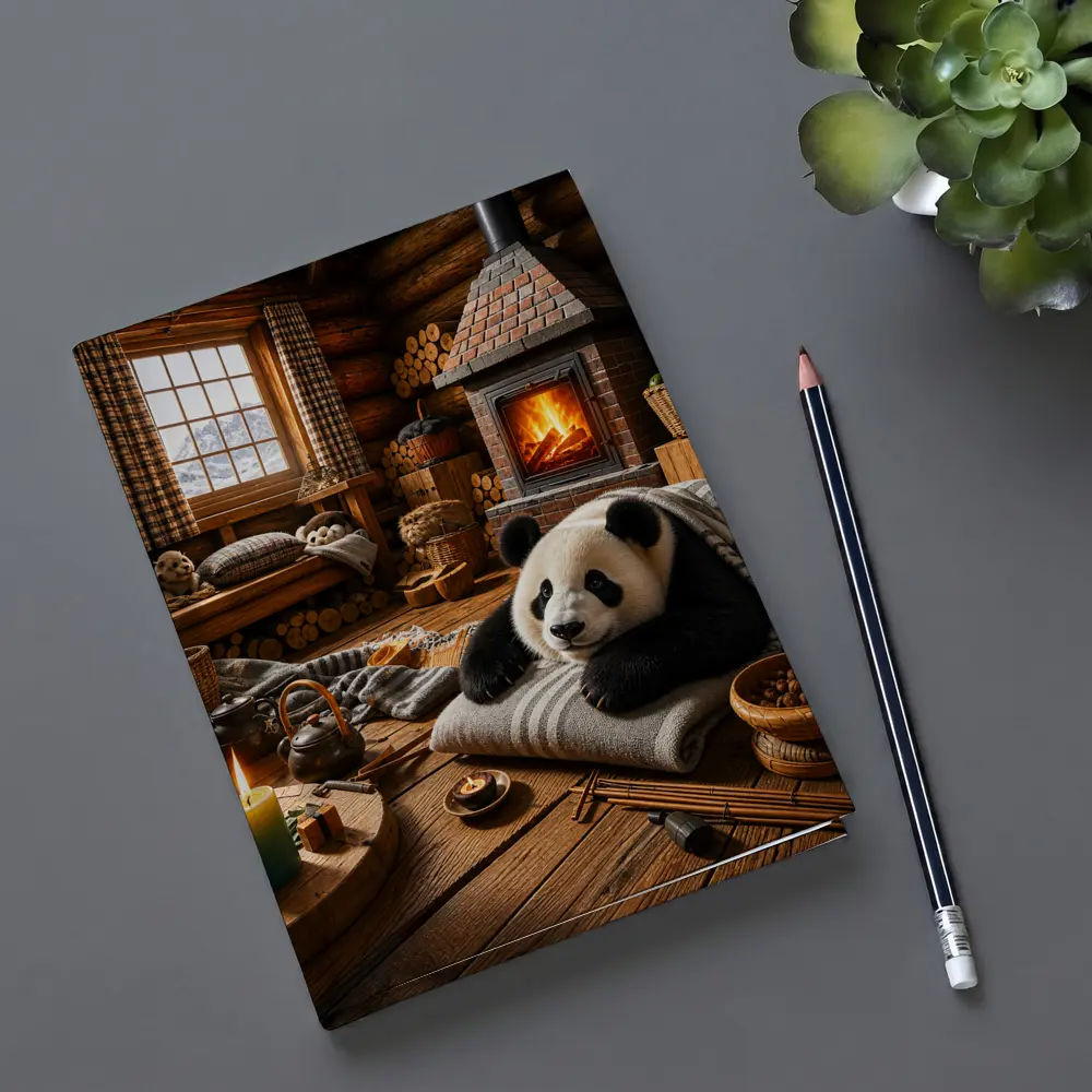 Panda Resting By Cozy Cabin Fireplace – Notebooks