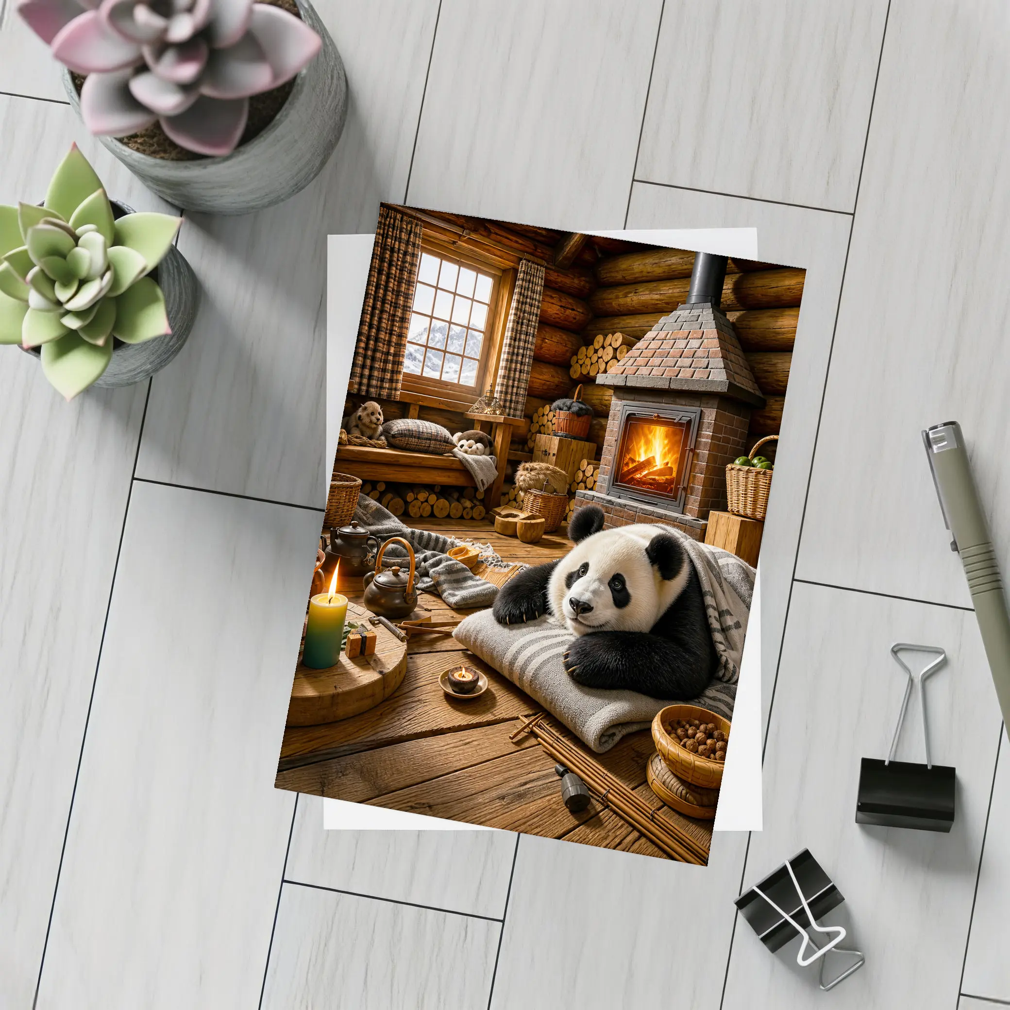 Panda Resting By Cozy Cabin Fireplace – Postcards