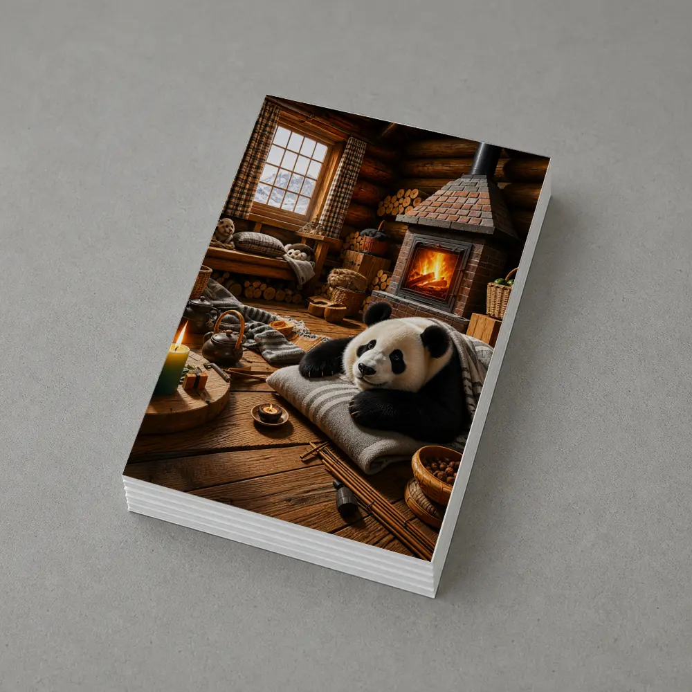 Panda Resting By Cozy Cabin Fireplace – Postcards