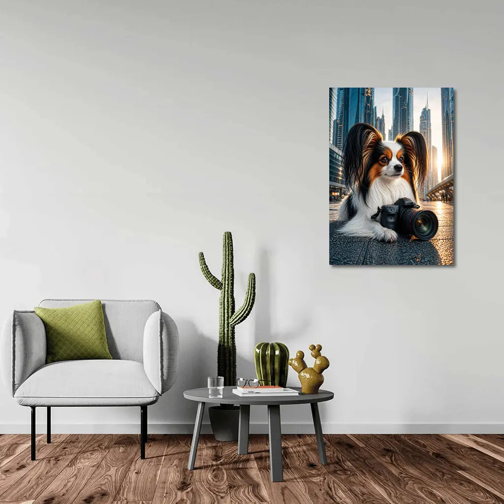 Papillon Dog With Camera City Background – Wall Art