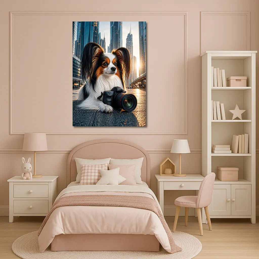 Papillon Dog With Camera City Background – Wall Art