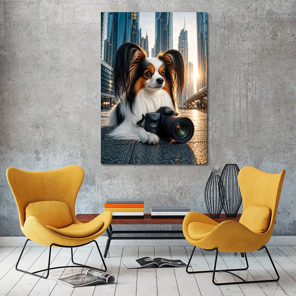 Papillon Dog With Camera City Background – Wall Art