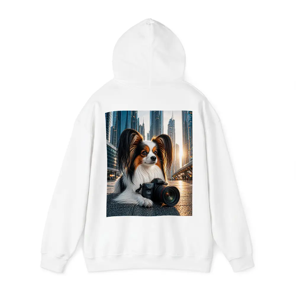 Papillon Dog With Camera City Background – Hoodies