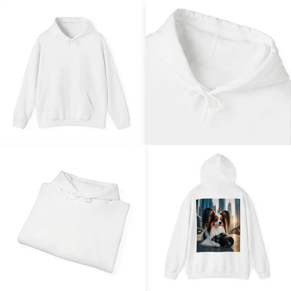 Papillon Dog With Camera City Background – Hoodies