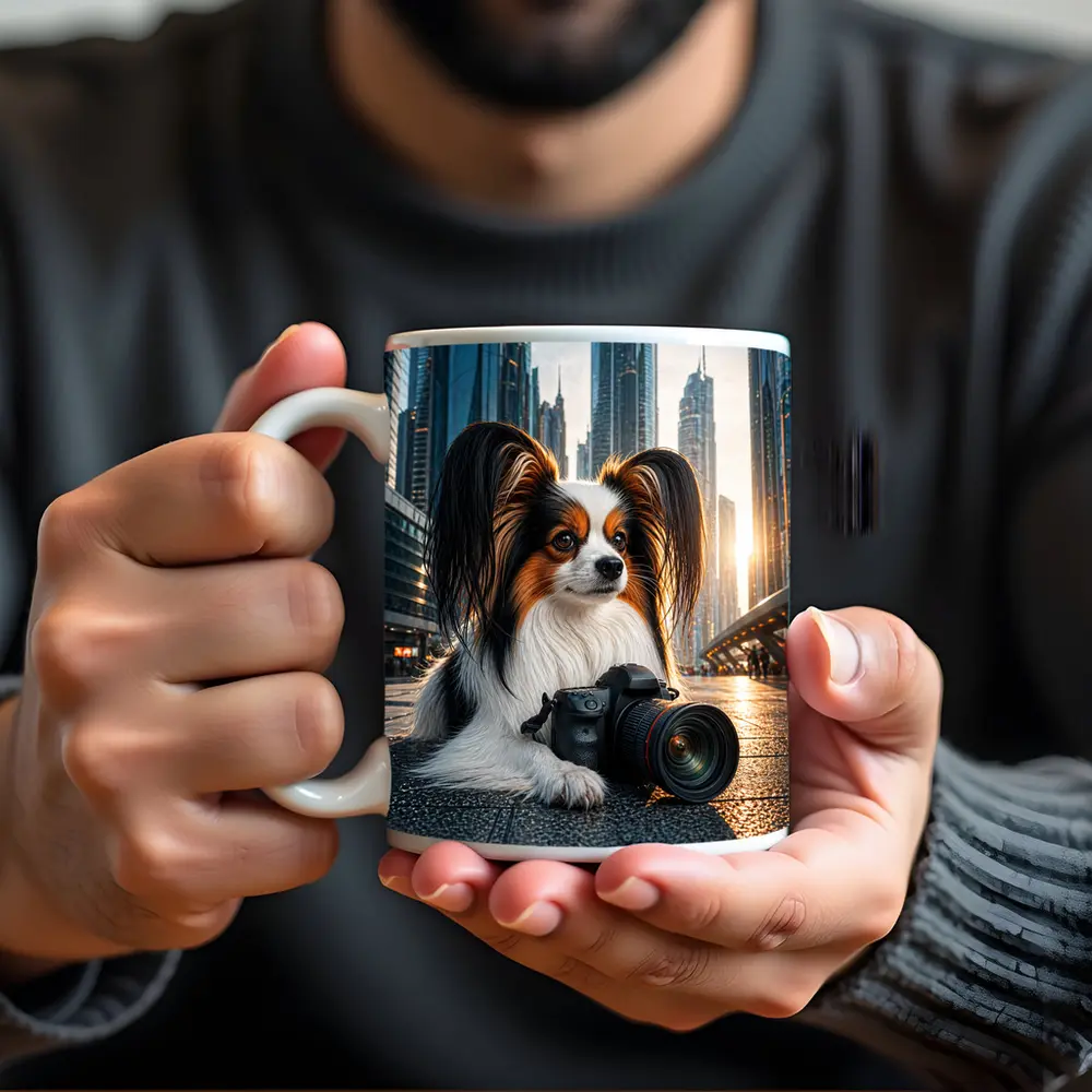 Papillon Dog With Camera City Background – Mugs