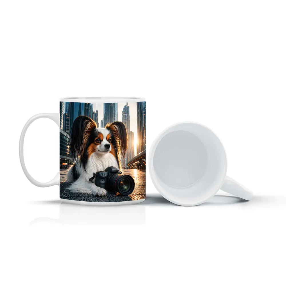 Papillon Dog With Camera City Background – Mugs