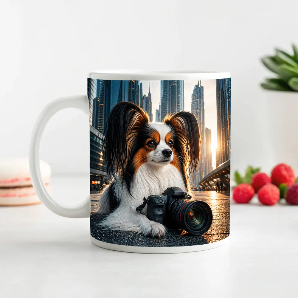 Papillon Dog With Camera City Background – Mugs