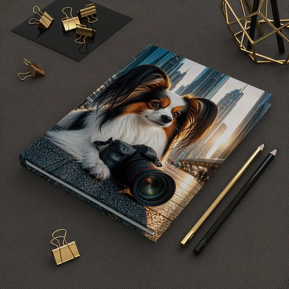 Papillon Dog With Camera City Background – Notebooks