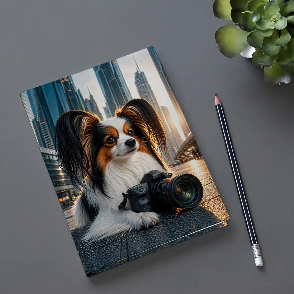 Papillon Dog With Camera City Background – Notebooks